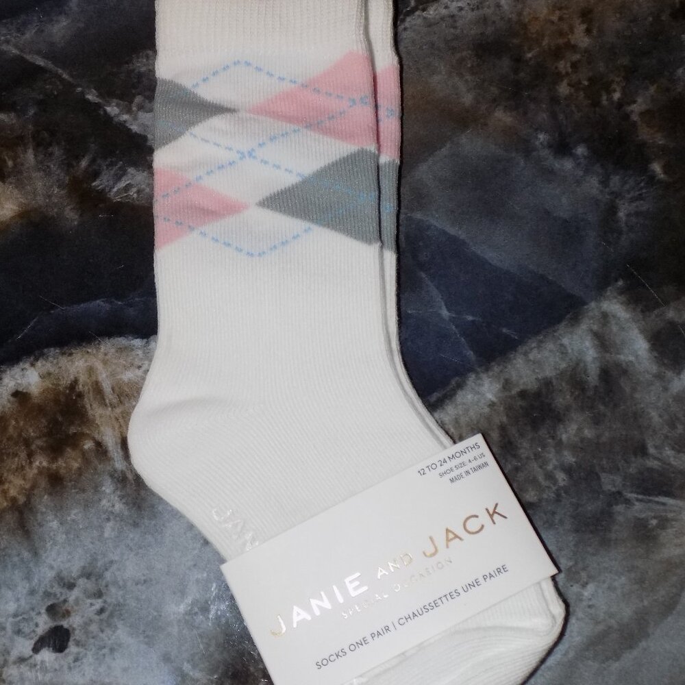 Janie And Jack White Argyle Special Occasion Socks Size 12/24 Months NEW